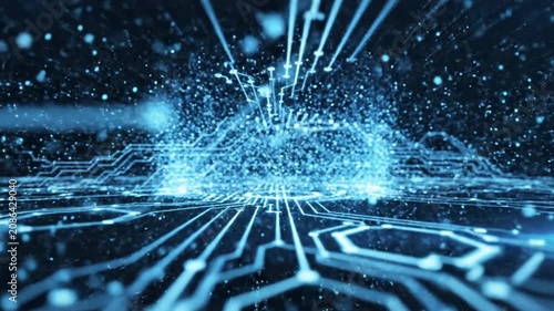 Digital Network Data Flow Abstract with Glowing Blue Circuits and Particles, Futuristic Technology Concept for AI and Big Data
