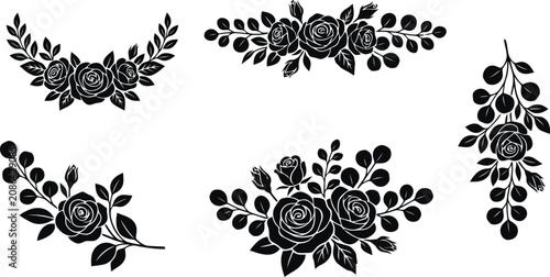Bild auf Leinwand Black rose floral silhouettes, elegant botanical flower arrangements vector set,