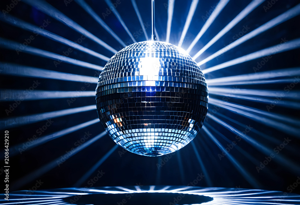 Obraz premium Shiny disco ball with light rays in dark studio