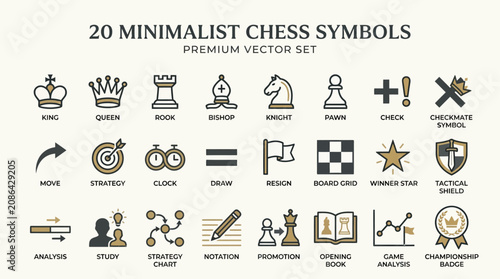 Photos Minimalist chess symbols and icons set, 20 premium vector elements for strategy