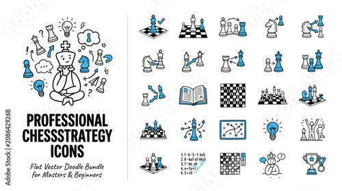 Foto Professional chess strategy icons, flat vector doodle bundle for masters and beg