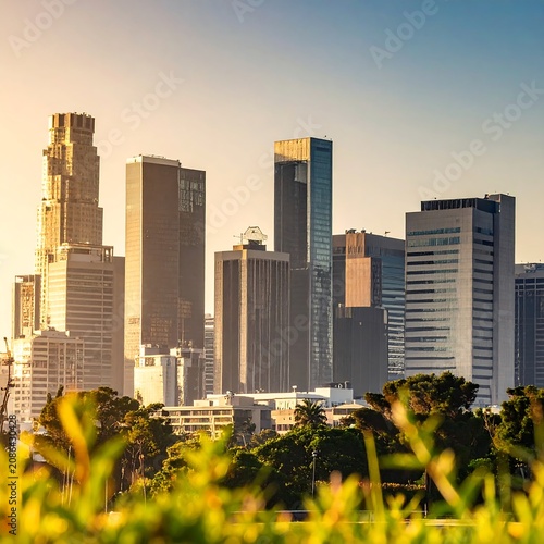 Modern city skyline with skyscrapers and lush greenery foreground.