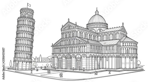 Bild auf Leinwand Leaning Tower of Pisa and Cathedral, Black and White Illustration, Italy Landmar