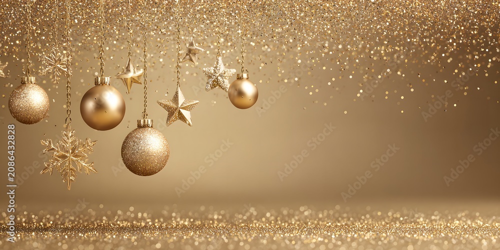 Fototapeta premium Gold christmas ornaments and stars hanging from with glitter