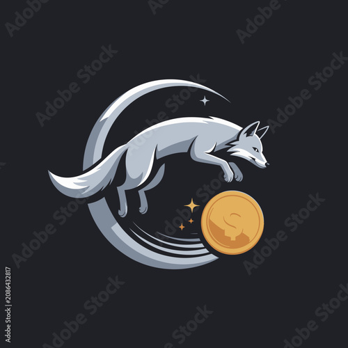 Gray Fox Jumping Over Gold Coin.