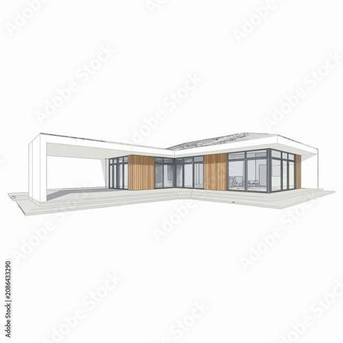 Modern house with large glass windows.
