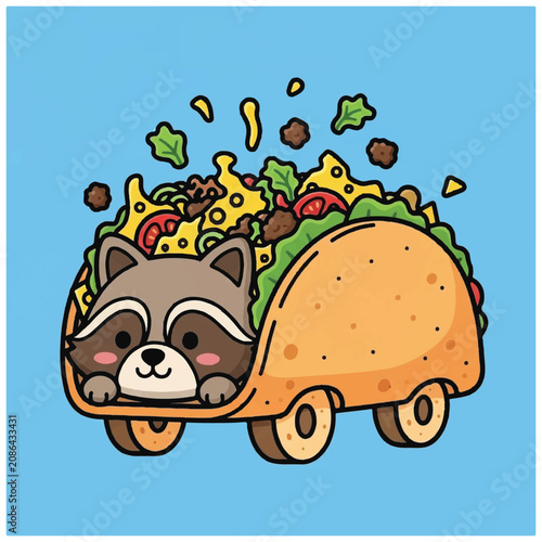 Raccoon in taco shaped vehicle smiling.