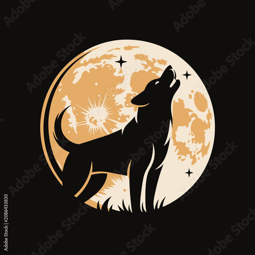 Silhouette of a wolf howling at the full moon.