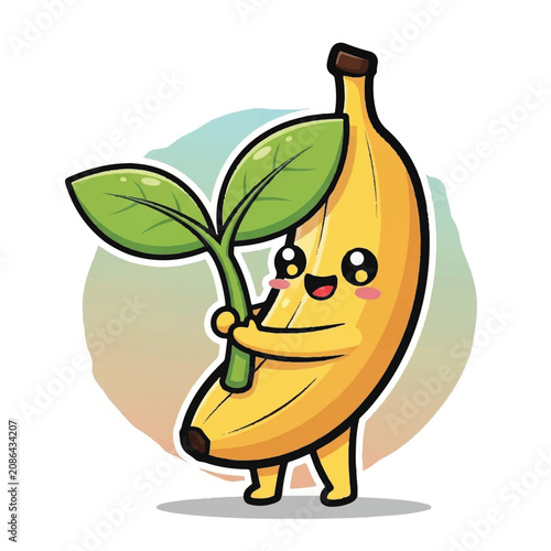 Smiling Cartoon Banana Holding Leaf.