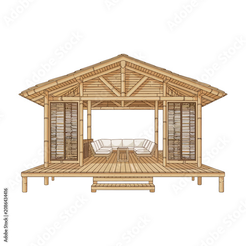 Traditional Bamboo Hut with Open Sides and Seating Area.