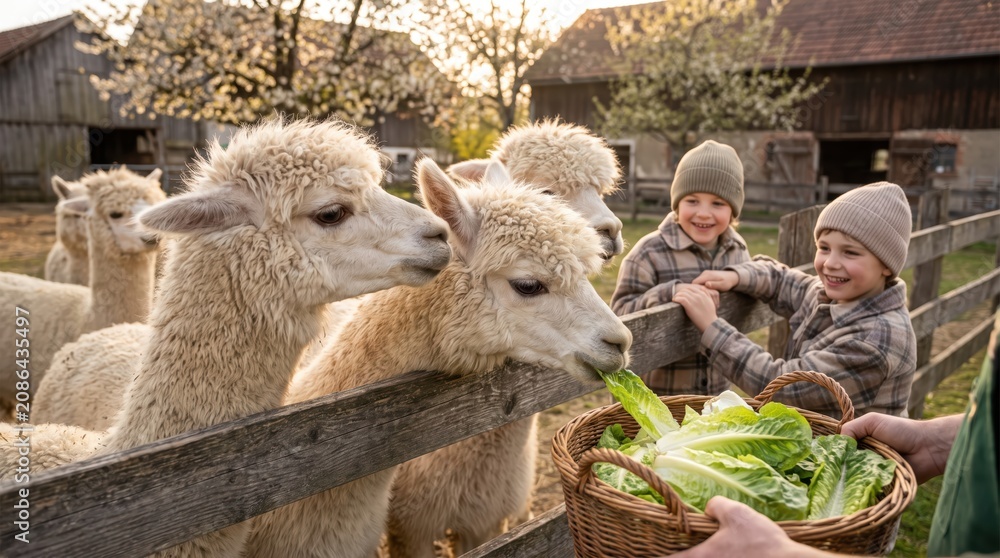 Fototapeta premium Group of alpacas eating lettuce from basket while children watch over wooden fence on rural farm in warm spring afternoon family feeding moment