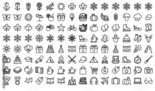 Seasonal Lifestyle and Celebration Monoline Icon Pack Vector with Holiday Event Nature and Festival Symbols