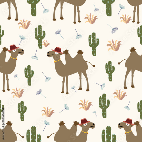 Hand drawn cute camel and cactus seamless pattern in desert 