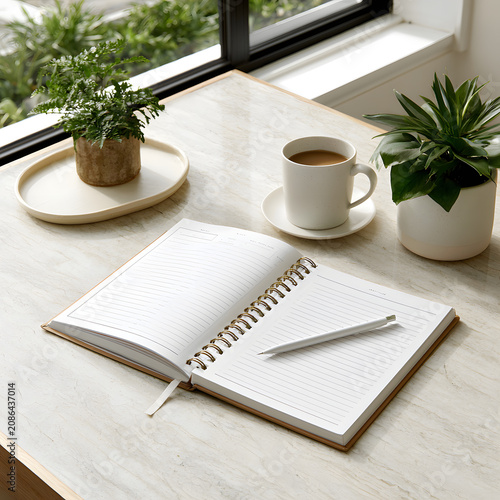 Stylish and Minimalist Weekly Goal Planner for Wellness and Gratitude with Coffee on a Bright Table
