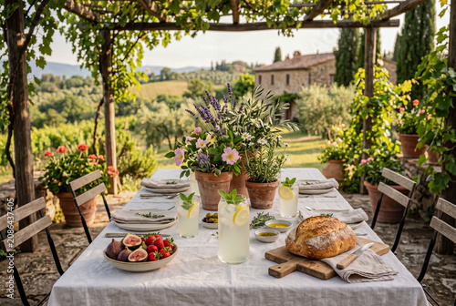 Beautiful summer lunch table served on an outdoor terrace of a country villa overlooking scenic green hills. Mediterranean vacation, gourmet outdoor dining and hospitality concept.