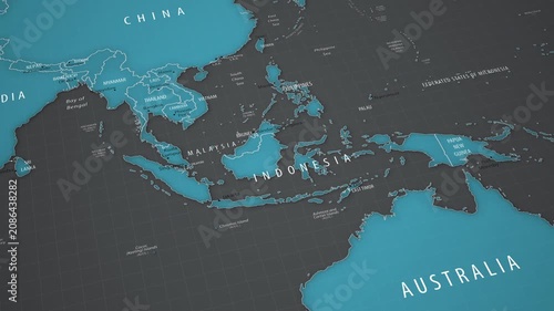 Indonesia on a detailed map of Southeast Asia. Smooth camera movement across the Asia-Pacific region.