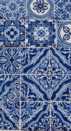 Intricate blue and white floral pattern design background.