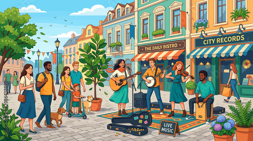 Fotografie Street musicians performing in a lively urban neighborhood.