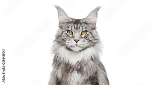 фотографія Maine Coon cat with silver tabby fur and yellow eyes
