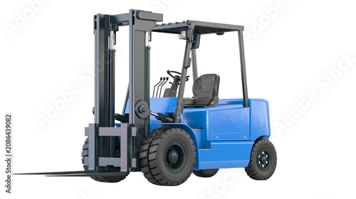 Obraz na płótnie Blue forklift truck with black seat and metal mast