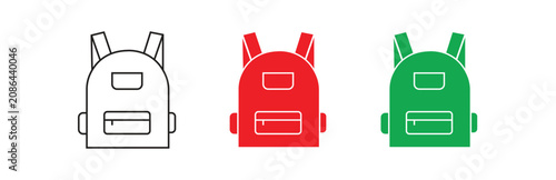 A clean vector set showcasing three different styles of backpacks including a line art, a solid red and a solid green design, isolated on a transparent background, perfect for travel and school themes
