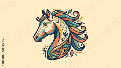 Canvastavla Colorful Ornate Horse Head Illustration with Floral Patterns.