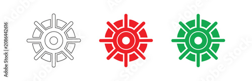 A vector icon set of ship steering wheels, including outline, red, and green versions, symbolizing navigation, marine travel, journey, and control, isolated on transparent background.