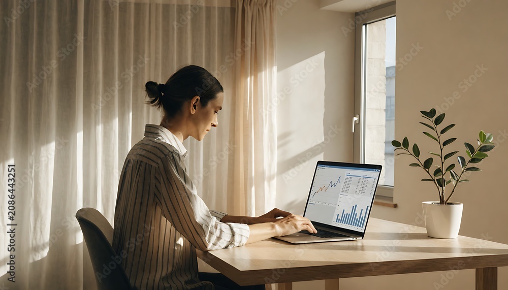 Fototapeta premium Woman working on laptop at home office with natural light and minimalist decor