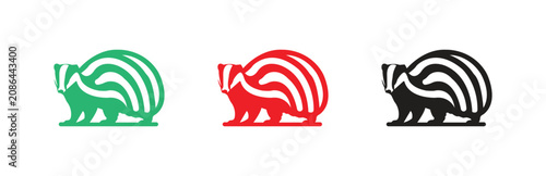 a stylized set of badger icons with contrasting stripes in green red and black isolated on transparent white background for graphic design and branding