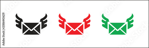 Black, red, and green winged envelope icons set symbolizing fast email delivery, urgent messages, and express digital communication vector art, isolated on transparent background.