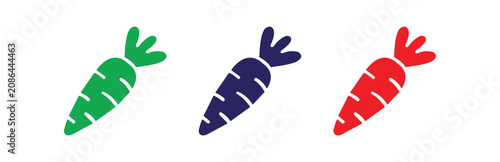 A set of three cartoon-style carrot icons in vibrant green, deep blue, and bright red, isolated on a clean white background, perfect for healthy eating and food-related designs.