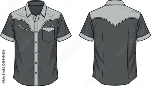 Canvas Print Professional technical flat sketch of a two-tone western short-sleeve shirt showing front and back views for fashion