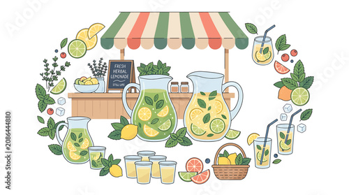 Photos Colorful summer lemonade stand illustration with fresh fruits.