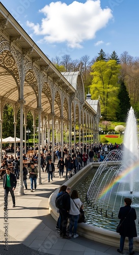 Tourists walking along historic European canal bridge.