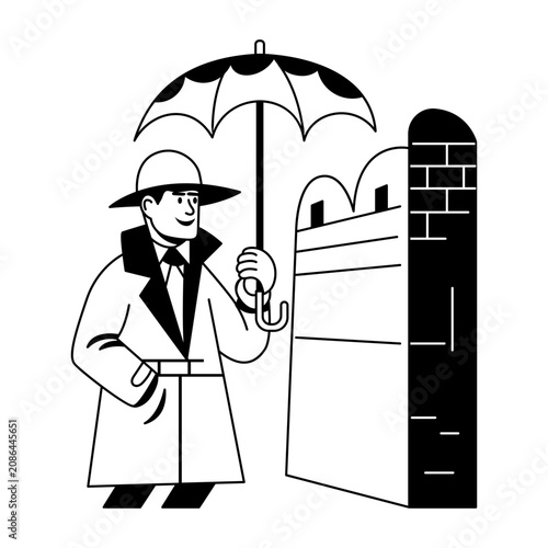 фотографія A glyph illustration of trenchcoat detective holding an umbrella