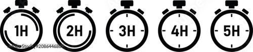 фотографія A professional set of black stopwatch icons tracking one to five hours for efficiency in flat lighting on a white background