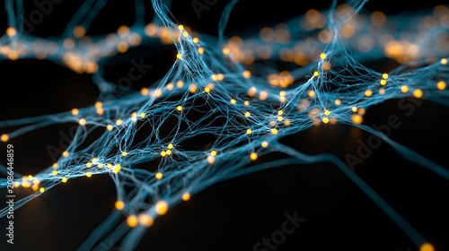 Intricate blue glowing neural network structure featuring vibrant orange spheres connected by thin fiber optic filaments against a dark background