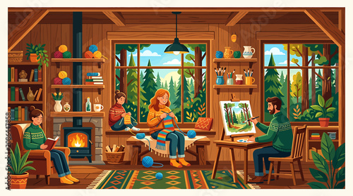 Fotografija Cozy cabin interior with family enjoying creative activities.