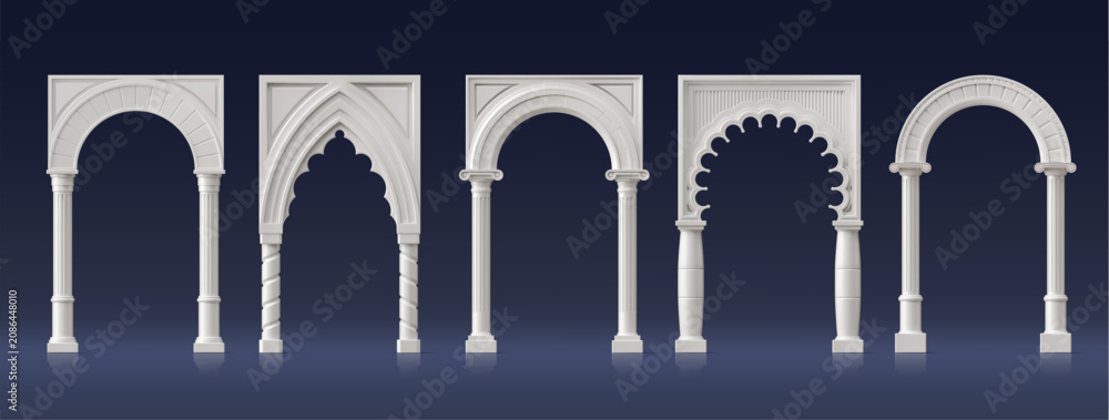 Obraz premium 3D white marble arches and pillars of palace gates, Greek and Roman doorway or archway and temple arcs. Marble arches with stone columns of castle door entrance frames with antique molding texture