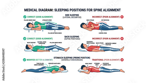 Billede på lærred Medical diagram of correct and incorrect sleeping positions for proper spine ali