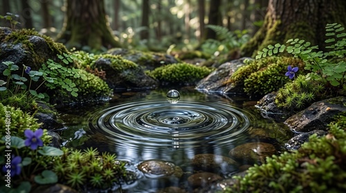 A single water drop creating ripples in a serene forest pond surrounded by vibrant green moss and ancient trees.