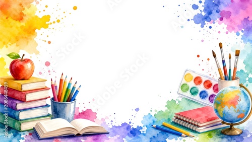 Colorful Watercolor School Supplies Books Pencils and Globe Back to School Background Banner