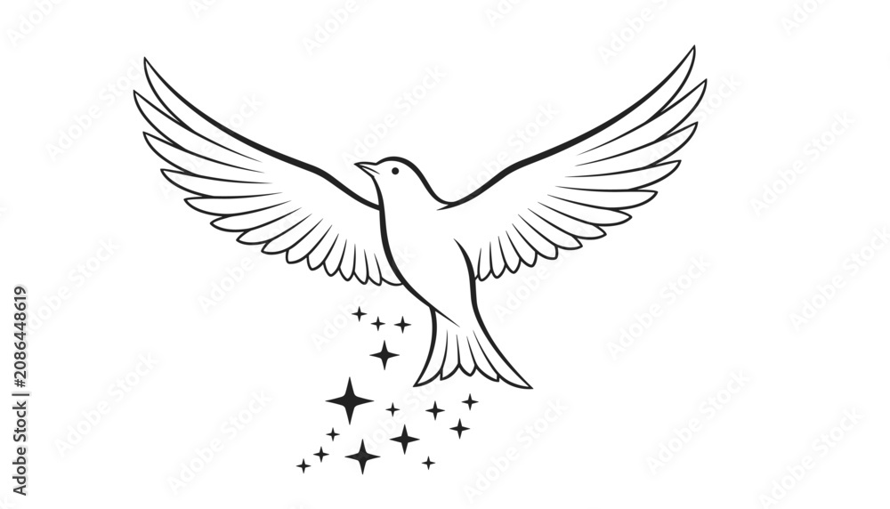 Fototapeta premium Graceful outline drawing of a white dove flying with outstretched wings while leaving a trail of sparkling stars.