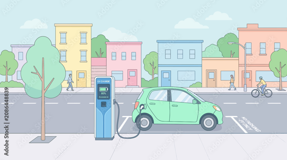 Naklejka premium Electric Vehicle Charging in Cityscape with Colorful Buildings