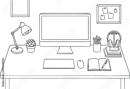 Modern workplace desk setup with computer monitor lamp and accessories cozy workspace line art vector illustration sketch.