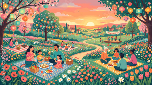 Canvas Print Colorful Spring Picnic in a Blooming Garden Scene.