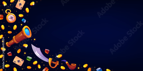 Принти на полотні Pirate banner background with golden coins, corsair saber, spyglass and compass