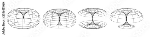 Set of 3D wireframe geometric transformations from torus-like to hourglass forms, abstract mathematical illustration for physics, topology