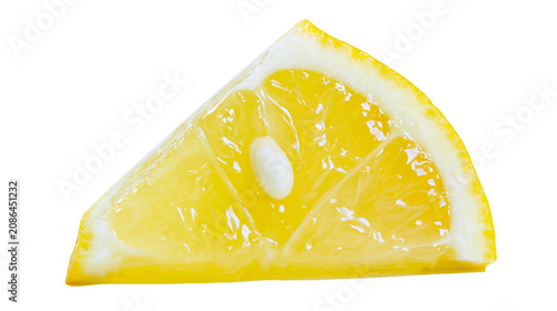 Fotografie Juicy yellow lemon slice with white pith and one seed