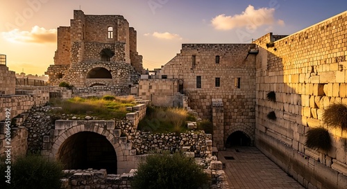 Ancient stone bridge over calm river at golden hour.
